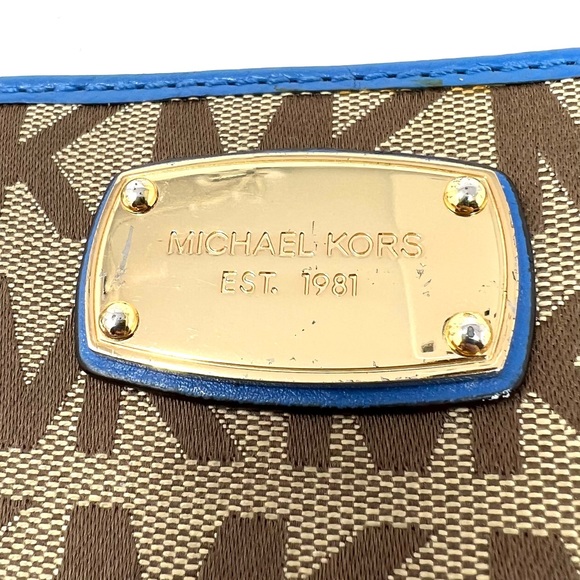 Michael Kors Tan Signature Logo Canvas Blue Leather Zip Around Bifold Wallet - Picture 8 of 10